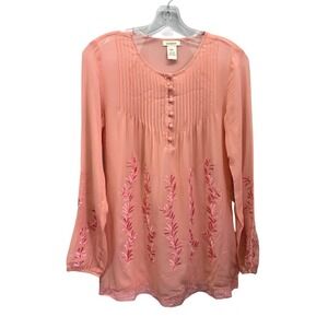 Sundance Silk Sheer Embroidered Tunic Blouse Coral Pink Pintuck Womens Small